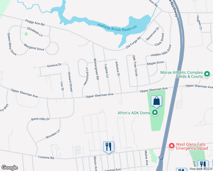 map of restaurants, bars, coffee shops, grocery stores, and more near 7 Lupine Lane in Queensbury