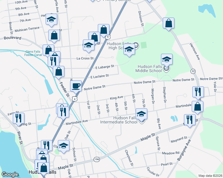 map of restaurants, bars, coffee shops, grocery stores, and more near 36 Notre Dame Street in Hudson Falls