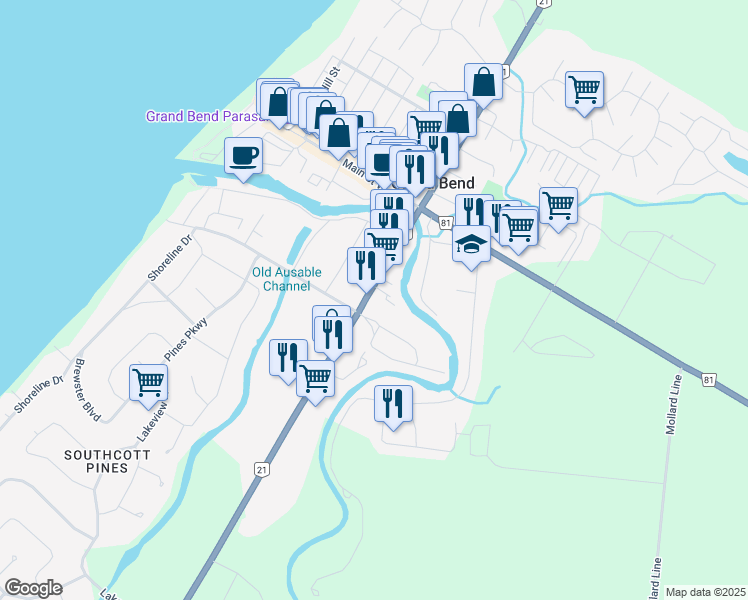 map of restaurants, bars, coffee shops, grocery stores, and more near 46 Ontario Street South in Lambton Shores