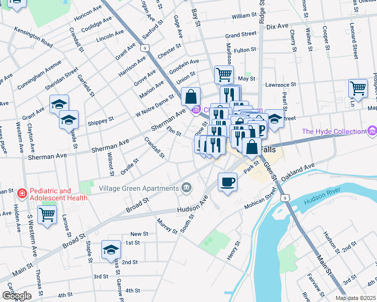 map of restaurants, bars, coffee shops, grocery stores, and more near 21 Pine Street in Glens Falls