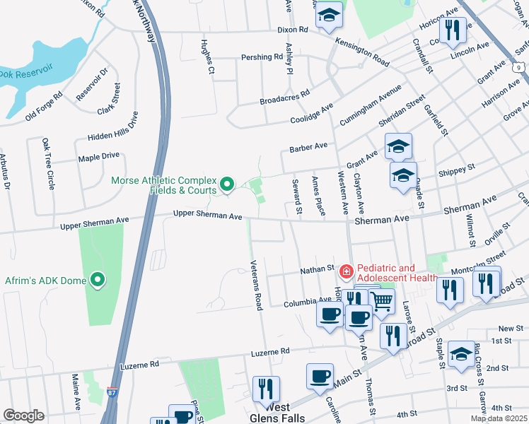 map of restaurants, bars, coffee shops, grocery stores, and more near 233 Upper Sherman Avenue in Queensbury