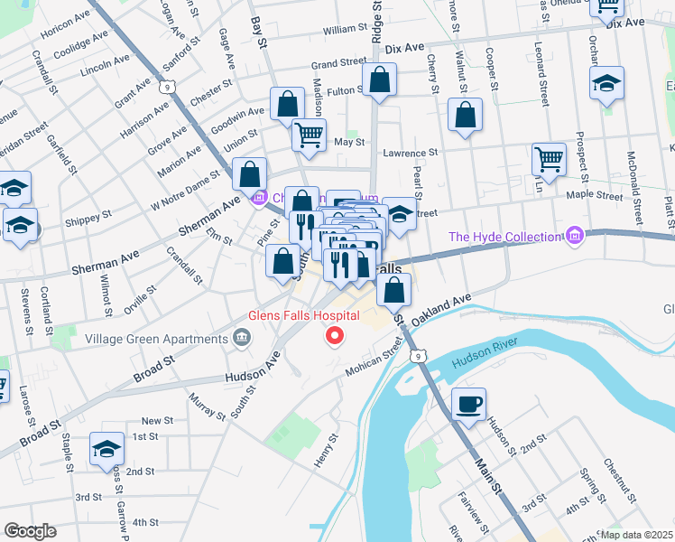 map of restaurants, bars, coffee shops, grocery stores, and more near 16 Exchange Street in Glens Falls