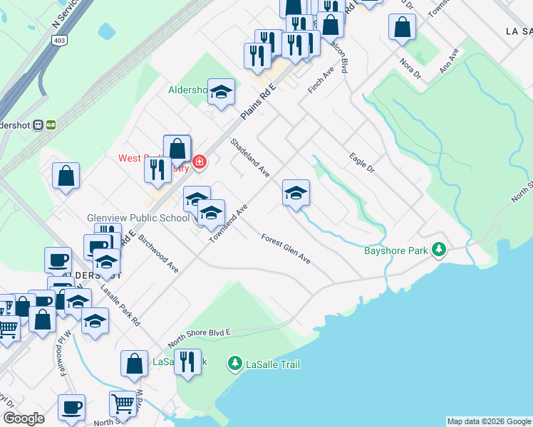 map of restaurants, bars, coffee shops, grocery stores, and more near 211 Ascot Place in Burlington