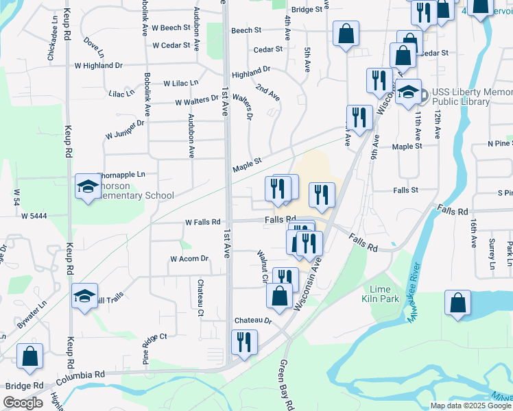 map of restaurants, bars, coffee shops, grocery stores, and more near 203 Bur Oak Lane in Grafton