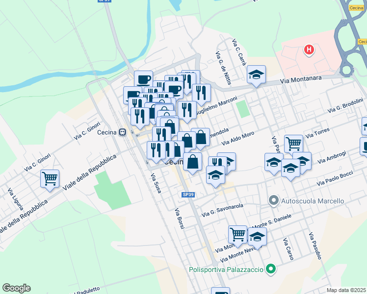 map of restaurants, bars, coffee shops, grocery stores, and more near 9 Via Amendola in Cecina
