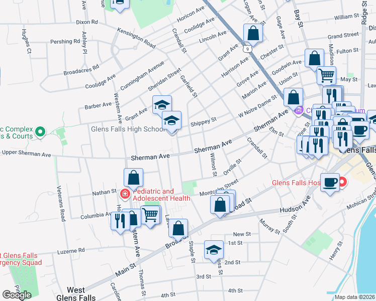 map of restaurants, bars, coffee shops, grocery stores, and more near 9 Sherman Avenue in Glens Falls