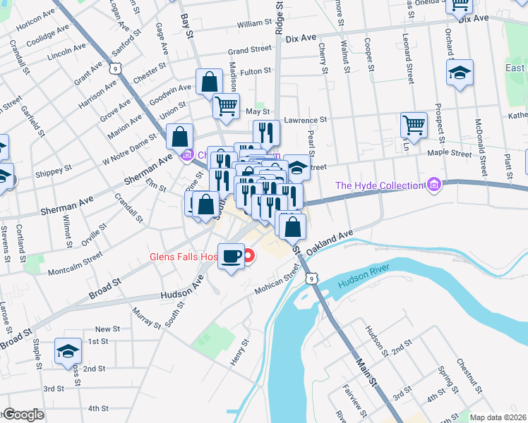 map of restaurants, bars, coffee shops, grocery stores, and more near in Glens Falls