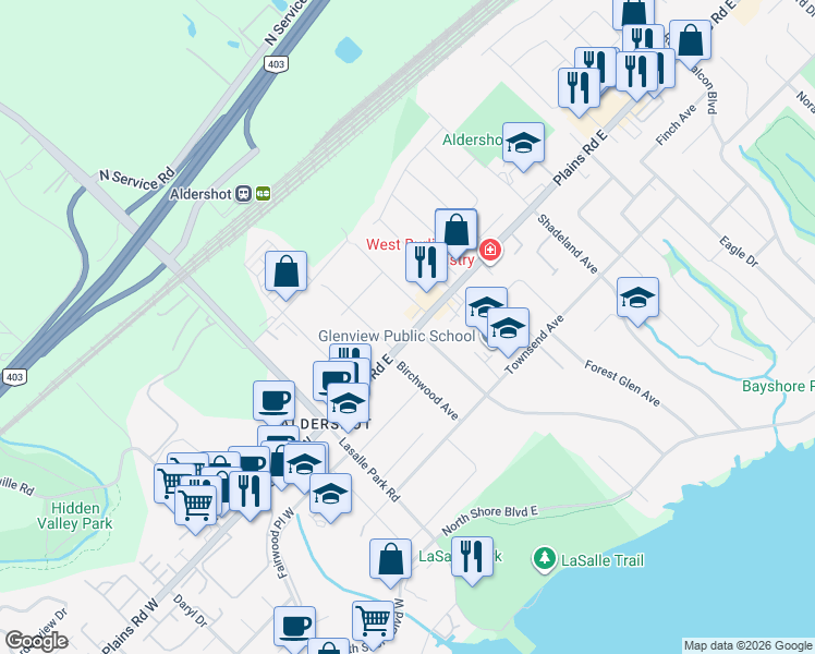 map of restaurants, bars, coffee shops, grocery stores, and more near 105 Plains Road East in Burlington