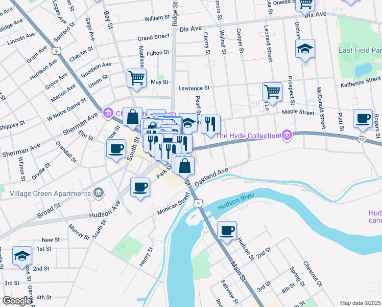 map of restaurants, bars, coffee shops, grocery stores, and more near 15 Warren Street in Glens Falls