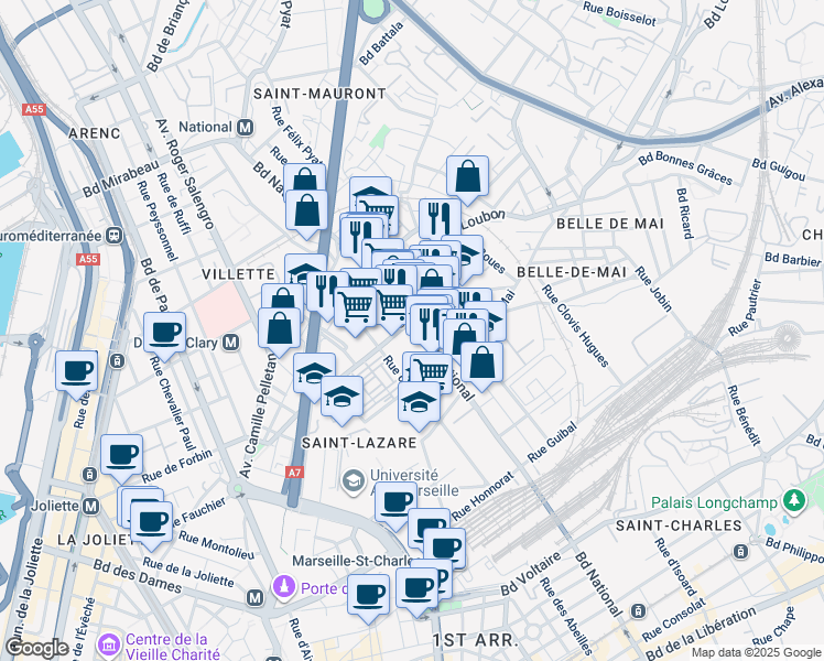 map of restaurants, bars, coffee shops, grocery stores, and more near 72 Boulevard de Strasbourg in Marseille