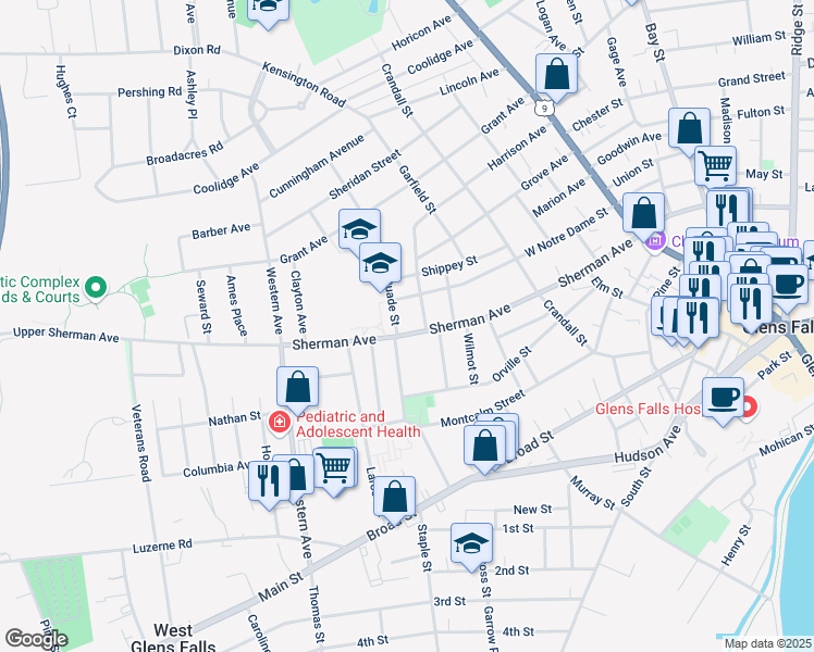 map of restaurants, bars, coffee shops, grocery stores, and more near 1 Quade St in Glens Falls