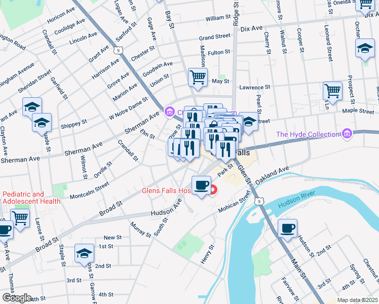map of restaurants, bars, coffee shops, grocery stores, and more near 31 South Street in Glens Falls