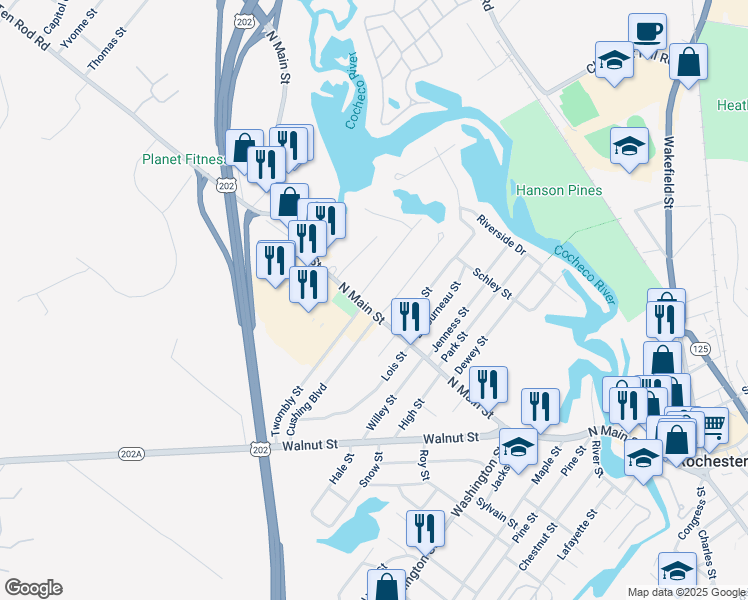 map of restaurants, bars, coffee shops, grocery stores, and more near 257 North Main Street in Rochester