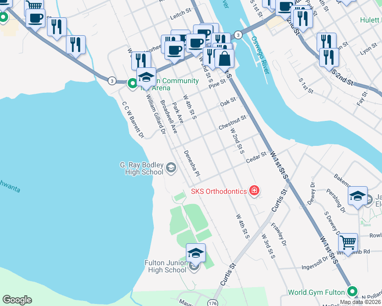 map of restaurants, bars, coffee shops, grocery stores, and more near 5 Denesha Place in Fulton
