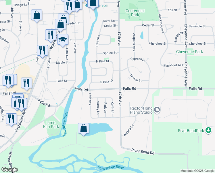 map of restaurants, bars, coffee shops, grocery stores, and more near 1644 Falls Road in Grafton
