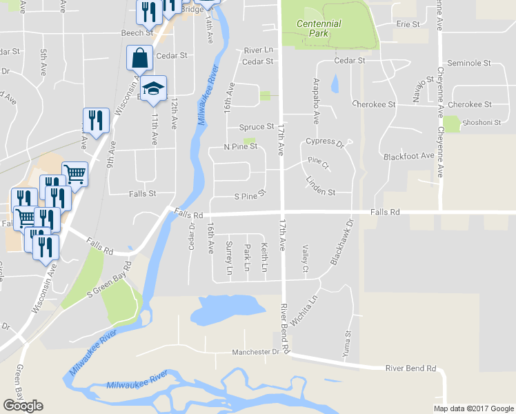 map of restaurants, bars, coffee shops, grocery stores, and more near 1644 Falls Road in Grafton