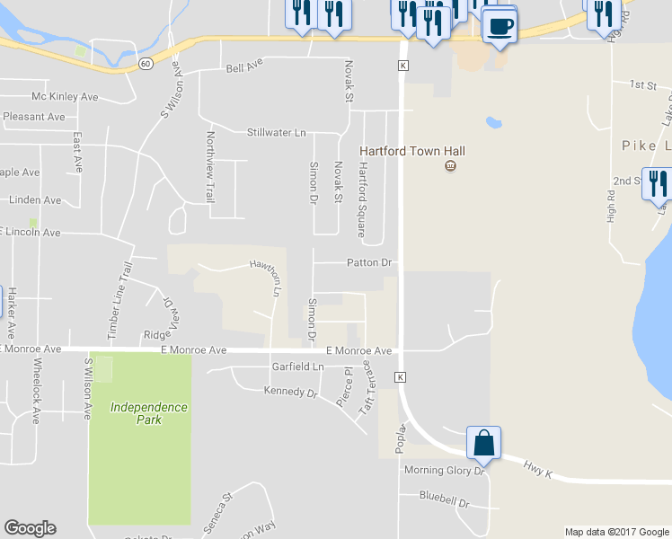 map of restaurants, bars, coffee shops, grocery stores, and more near 1343 Patton Drive in Hartford