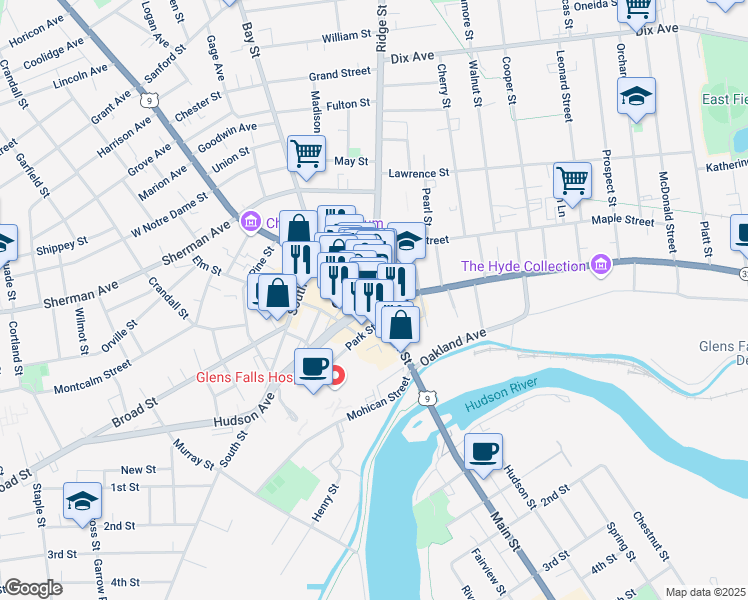 map of restaurants, bars, coffee shops, grocery stores, and more near Centennial Circle in Glens Falls