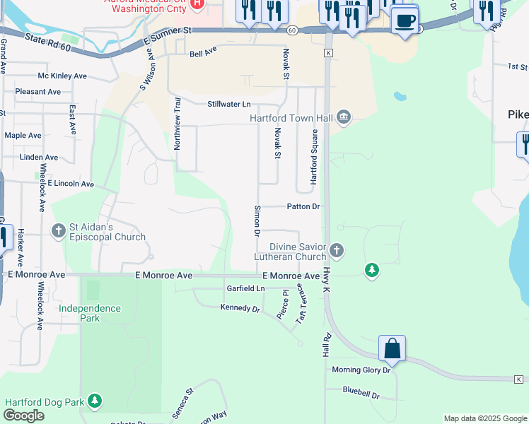 map of restaurants, bars, coffee shops, grocery stores, and more near 1343 Patton Drive in Hartford