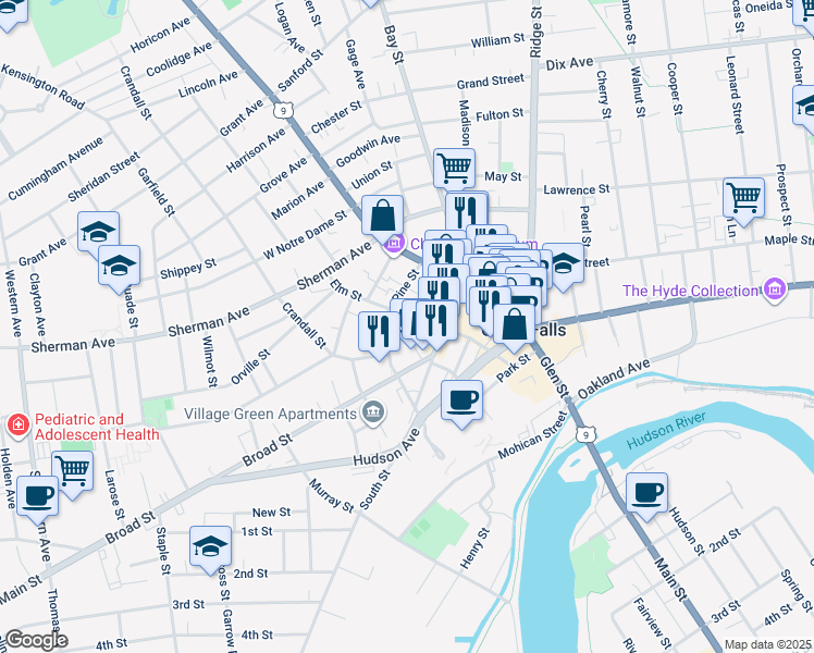 map of restaurants, bars, coffee shops, grocery stores, and more near 40 Elm Street in Glens Falls
