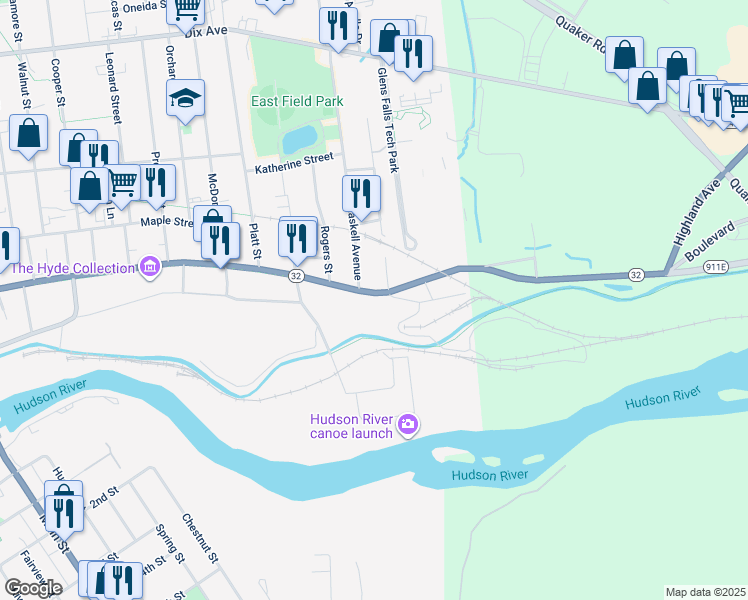 map of restaurants, bars, coffee shops, grocery stores, and more near 277 Warren Street in Glens Falls
