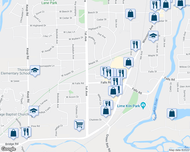 map of restaurants, bars, coffee shops, grocery stores, and more near 1817 Highland Drive in Grafton