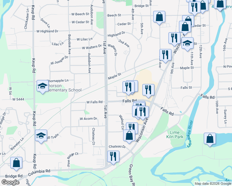 map of restaurants, bars, coffee shops, grocery stores, and more near 203 Bur Oak Lane in Grafton