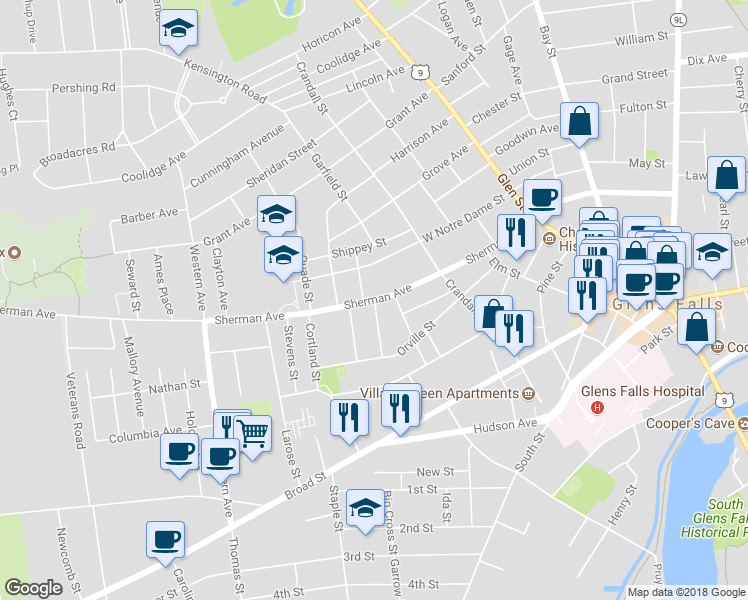 map of restaurants, bars, coffee shops, grocery stores, and more near Sherman Avenue & Wilmot Street in Glens Falls
