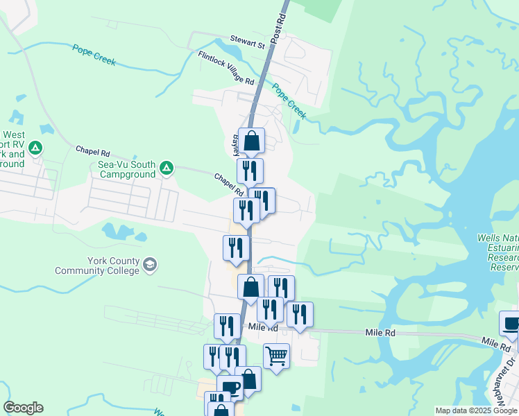 map of restaurants, bars, coffee shops, grocery stores, and more near 1181 Post Road in Wells