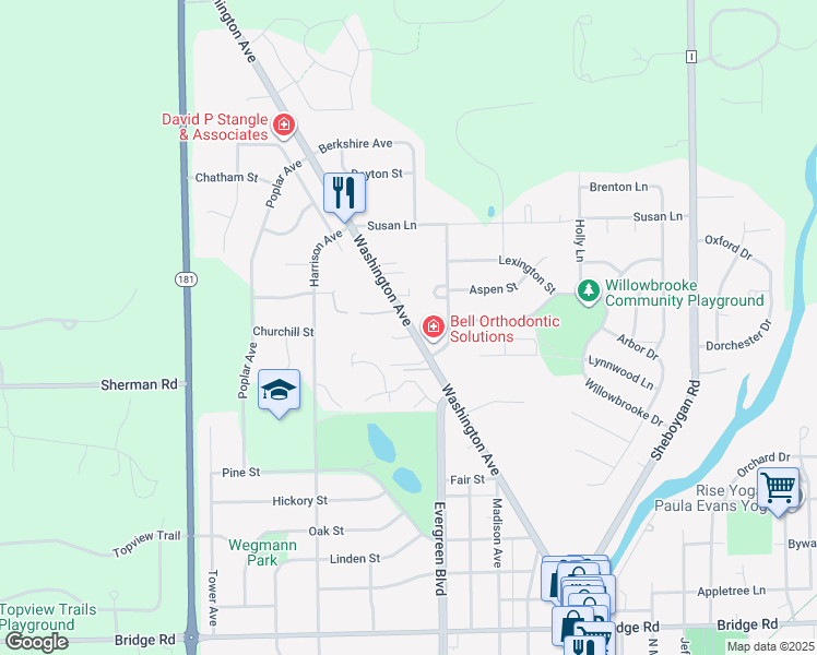 map of restaurants, bars, coffee shops, grocery stores, and more near W69N949 Washington Avenue in Cedarburg