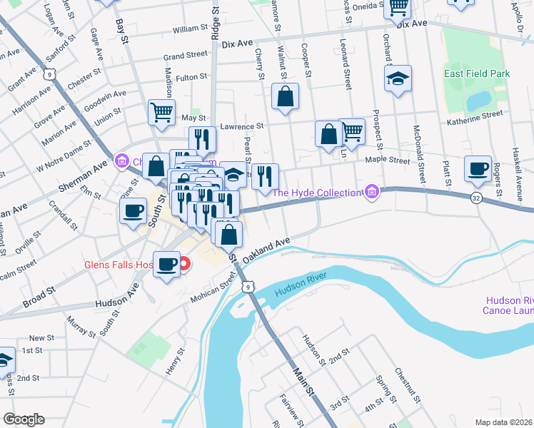 map of restaurants, bars, coffee shops, grocery stores, and more near 73 Warren Street in Glens Falls