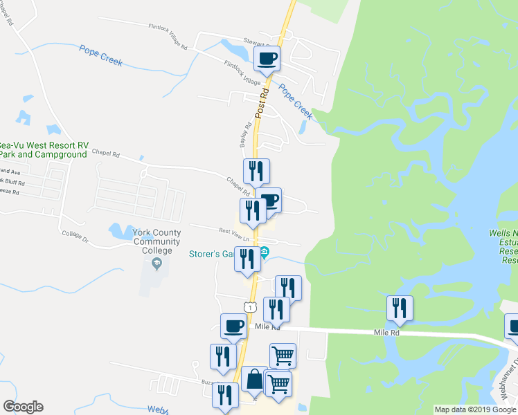 map of restaurants, bars, coffee shops, grocery stores, and more near 1181 Post Road in Wells