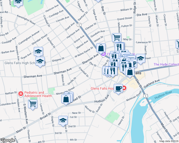 map of restaurants, bars, coffee shops, grocery stores, and more near 13 Division Street in Glens Falls