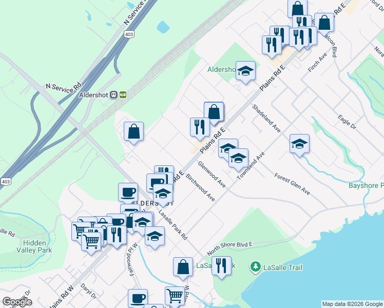 map of restaurants, bars, coffee shops, grocery stores, and more near 107 Plains Road East in Burlington