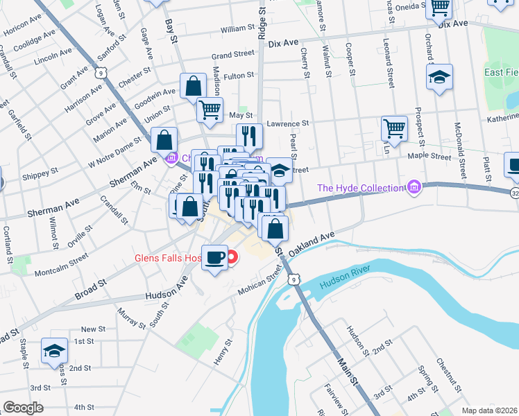 map of restaurants, bars, coffee shops, grocery stores, and more near 6 Warren Street in Glens Falls