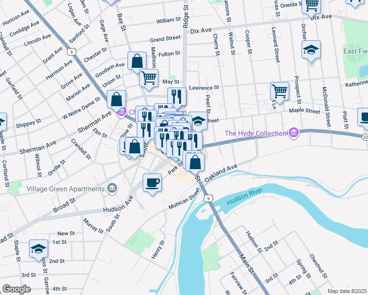 map of restaurants, bars, coffee shops, grocery stores, and more near 6 Warren Street in Glens Falls