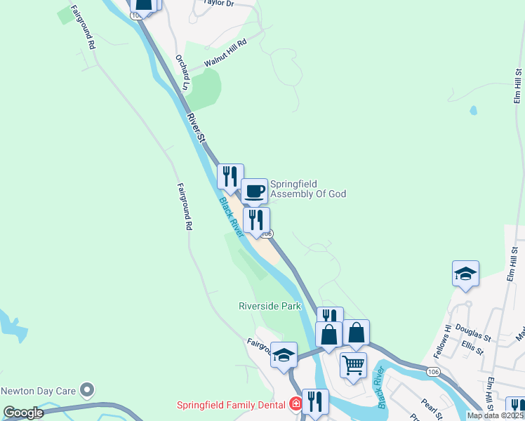 map of restaurants, bars, coffee shops, grocery stores, and more near 265 River Street in Springfield