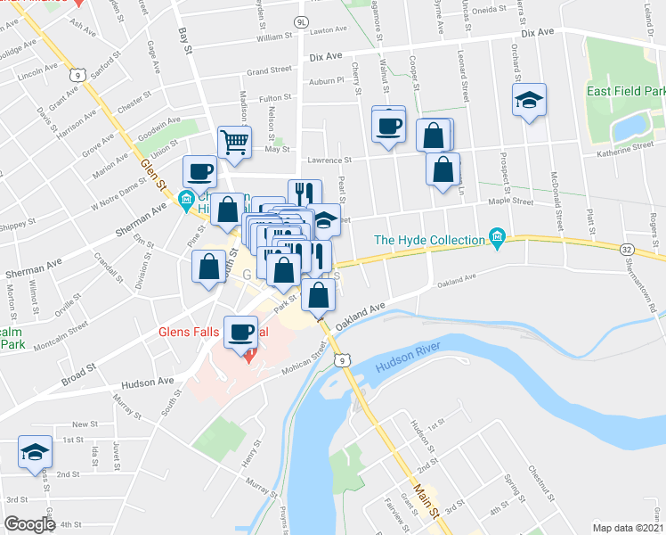 map of restaurants, bars, coffee shops, grocery stores, and more near 41 Warren Street in Glens Falls