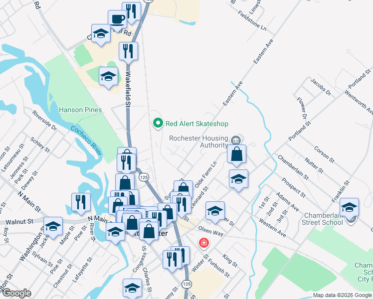 map of restaurants, bars, coffee shops, grocery stores, and more near 9 Eastern Avenue in Rochester