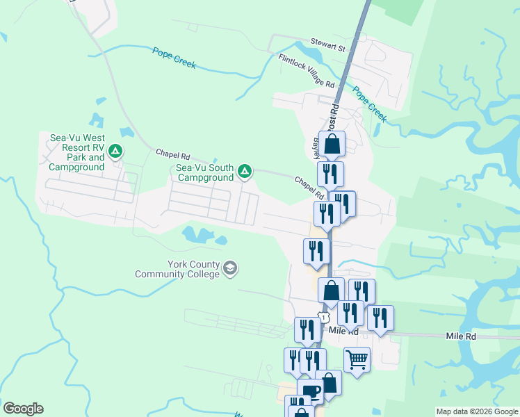 map of restaurants, bars, coffee shops, grocery stores, and more near 74 Calla Lily Lane in Wells