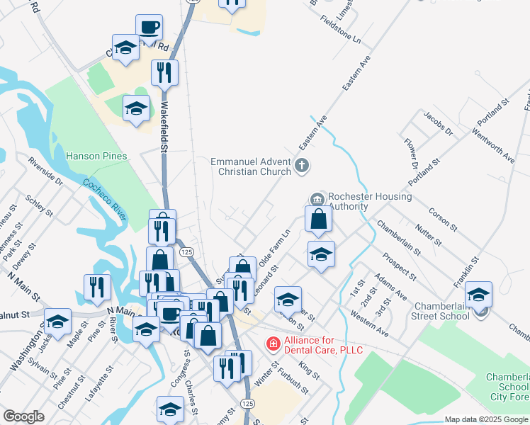 map of restaurants, bars, coffee shops, grocery stores, and more near 27 Springfield Estates in Rochester
