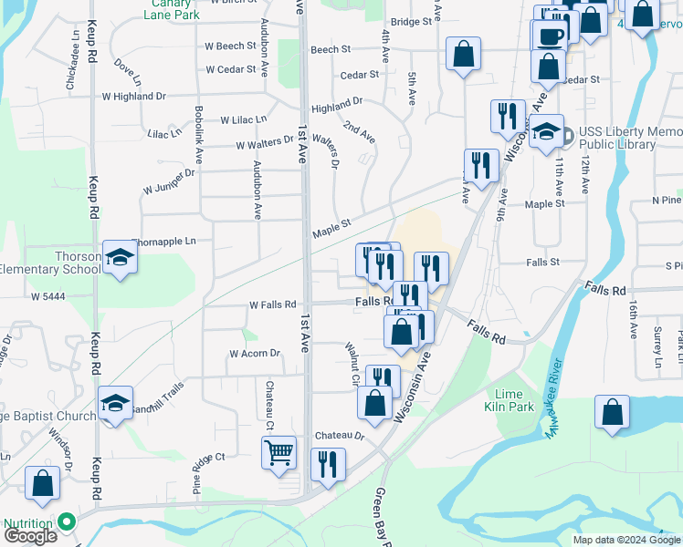 map of restaurants, bars, coffee shops, grocery stores, and more near 203 Bur Oak Lane in Grafton
