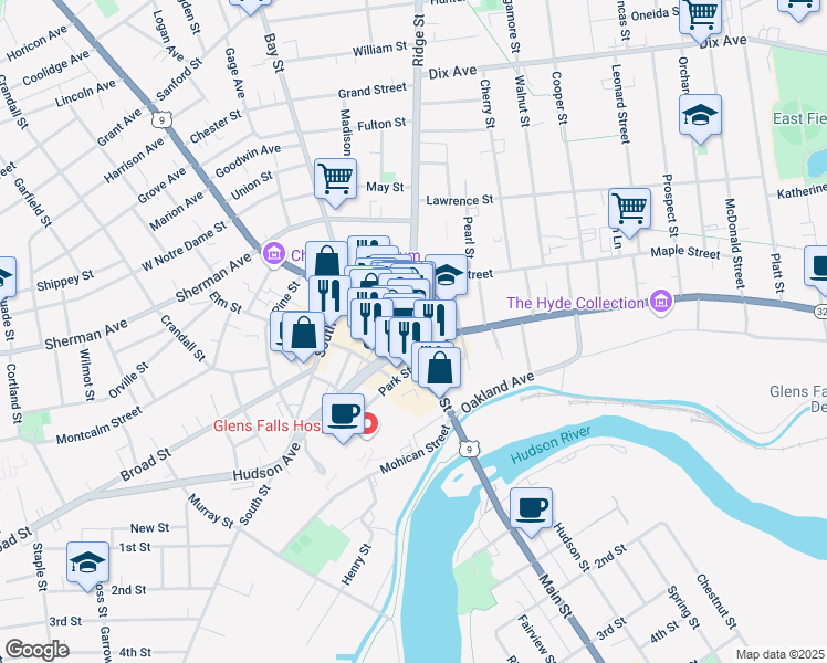 map of restaurants, bars, coffee shops, grocery stores, and more near in Glens Falls