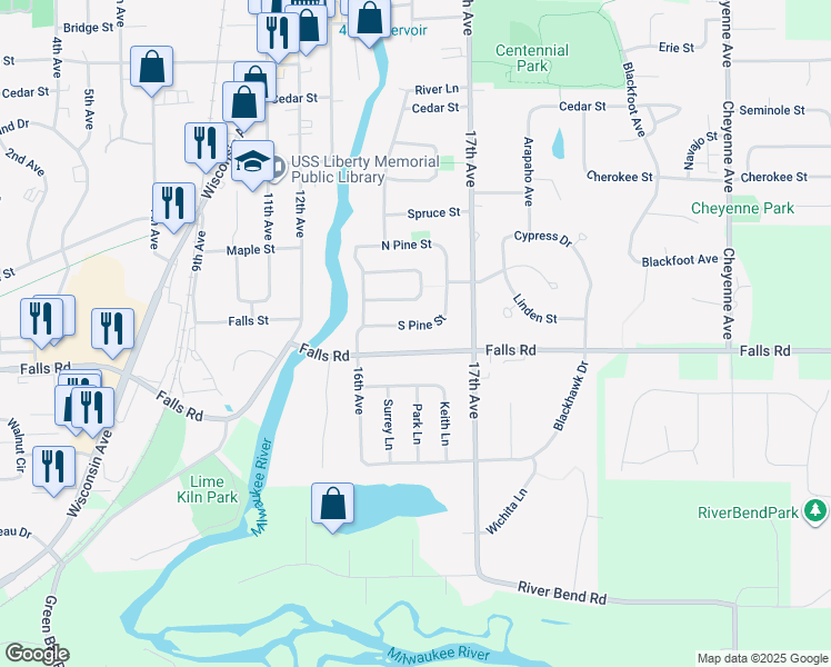 map of restaurants, bars, coffee shops, grocery stores, and more near 1644 Falls Road in Grafton