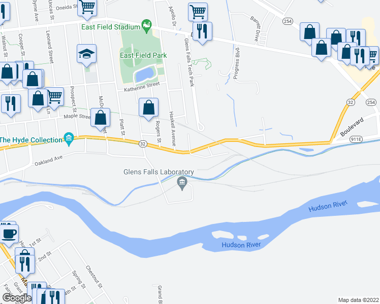map of restaurants, bars, coffee shops, grocery stores, and more near Warren Street & Peck Avenue in Glens Falls