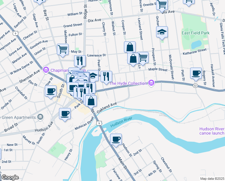 map of restaurants, bars, coffee shops, grocery stores, and more near 15 Fredella Avenue in Glens Falls