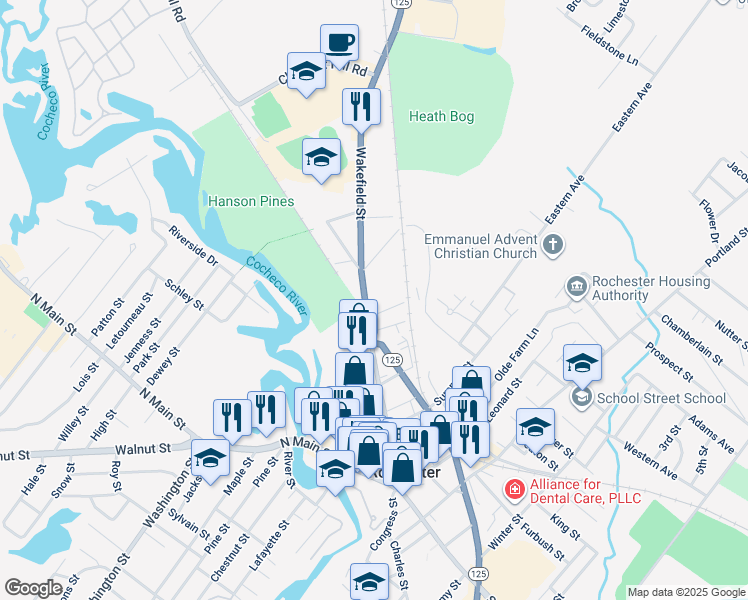 map of restaurants, bars, coffee shops, grocery stores, and more near 101 Wakefield Street in Rochester