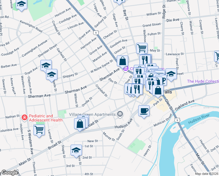 map of restaurants, bars, coffee shops, grocery stores, and more near 13 Division Street in Glens Falls
