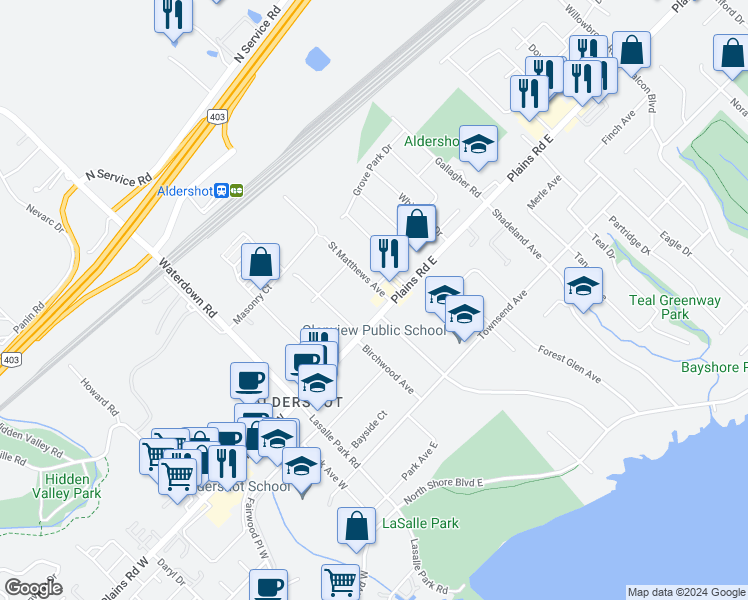 map of restaurants, bars, coffee shops, grocery stores, and more near 105 Plains Road East in Burlington
