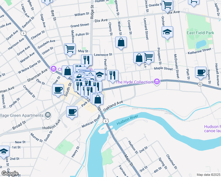 map of restaurants, bars, coffee shops, grocery stores, and more near 73 Warren Street in Glens Falls
